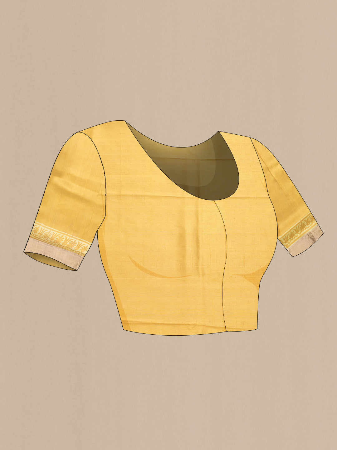 Close up image of the blouse of Yellow Dual Tone Tussar Silk Saree with Printed design on the body and Zari Border. 