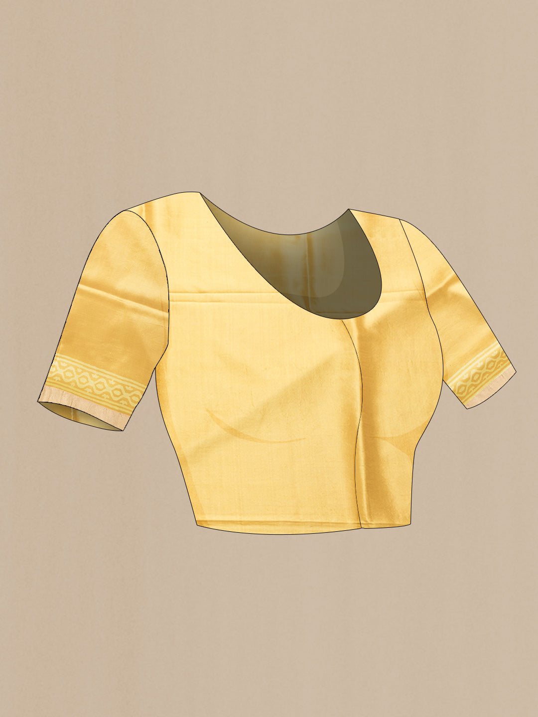 Close up image of the blouse of Mustard Dual Tone Printed Silk Saree with Printed design on the body and Zari Border. 