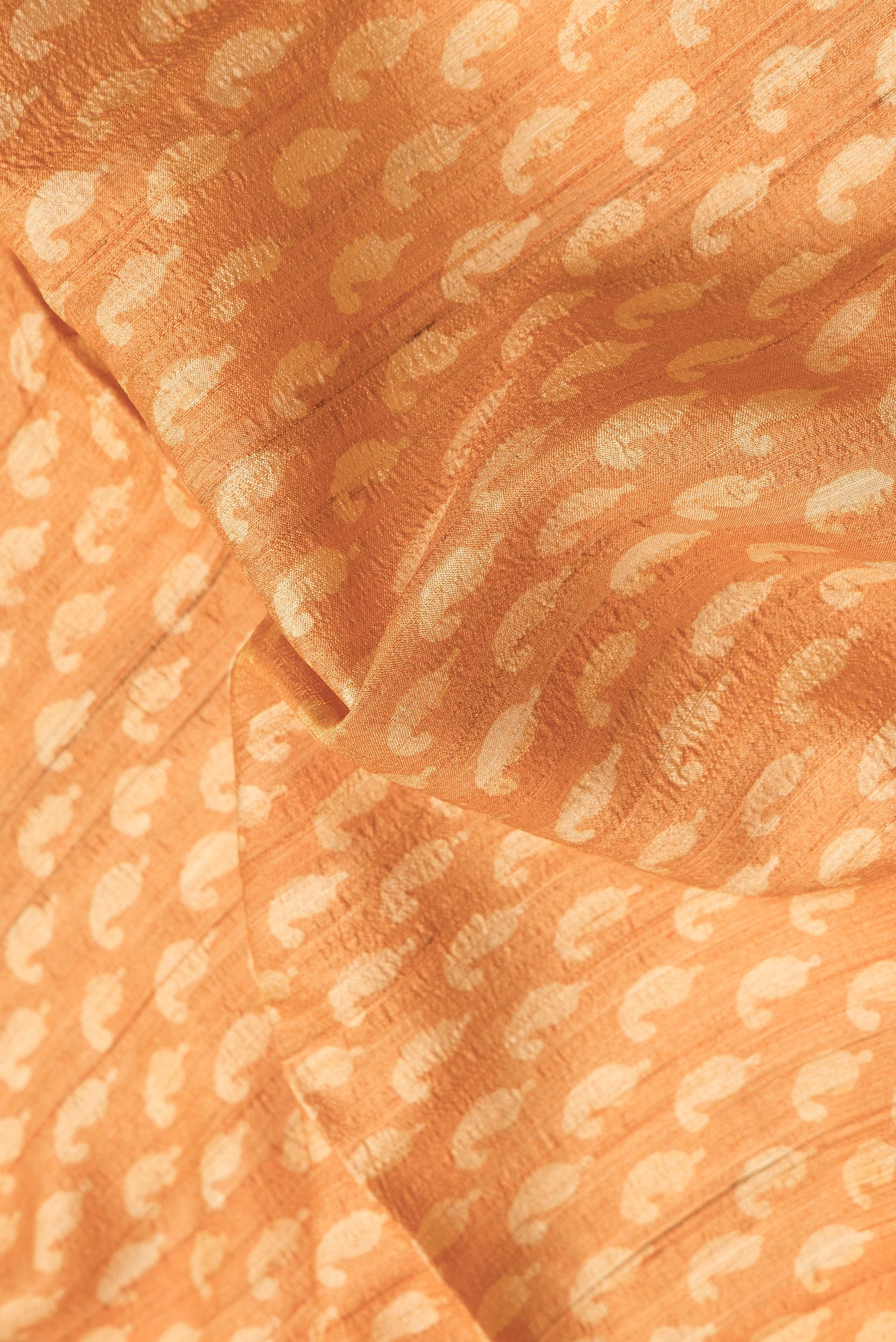 Close up of Mustard Dual Tone Tussar Silk Saree with Printed design on the body and Printed Border.  displaying folds