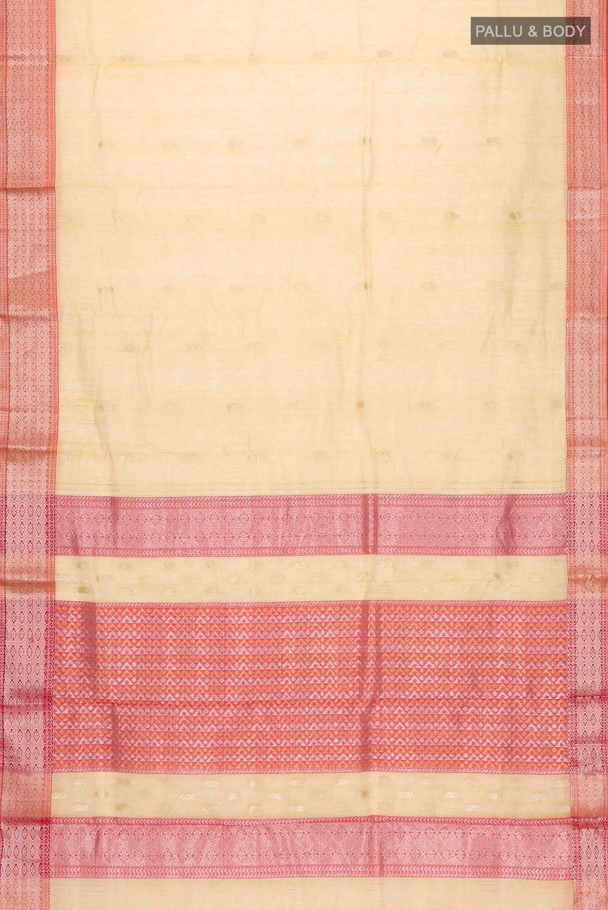 Flat view of Yellow Maheshwari Silk Cotton Saree with Zari Butta on the body and Zari Border