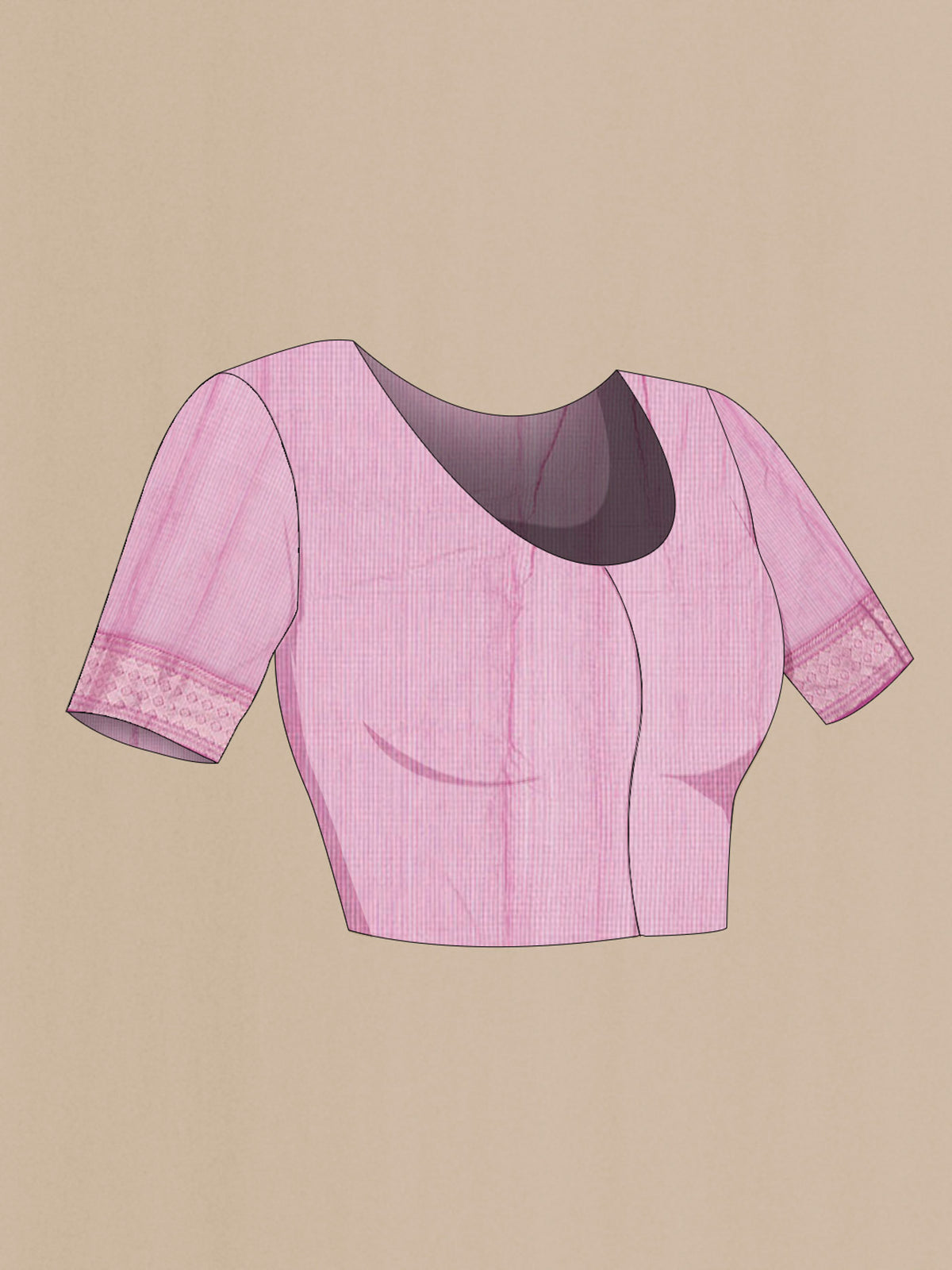Close up image of the blouse of Peach Maheshwari Silk Cotton Saree with Zari Butta on the body and Zari Border