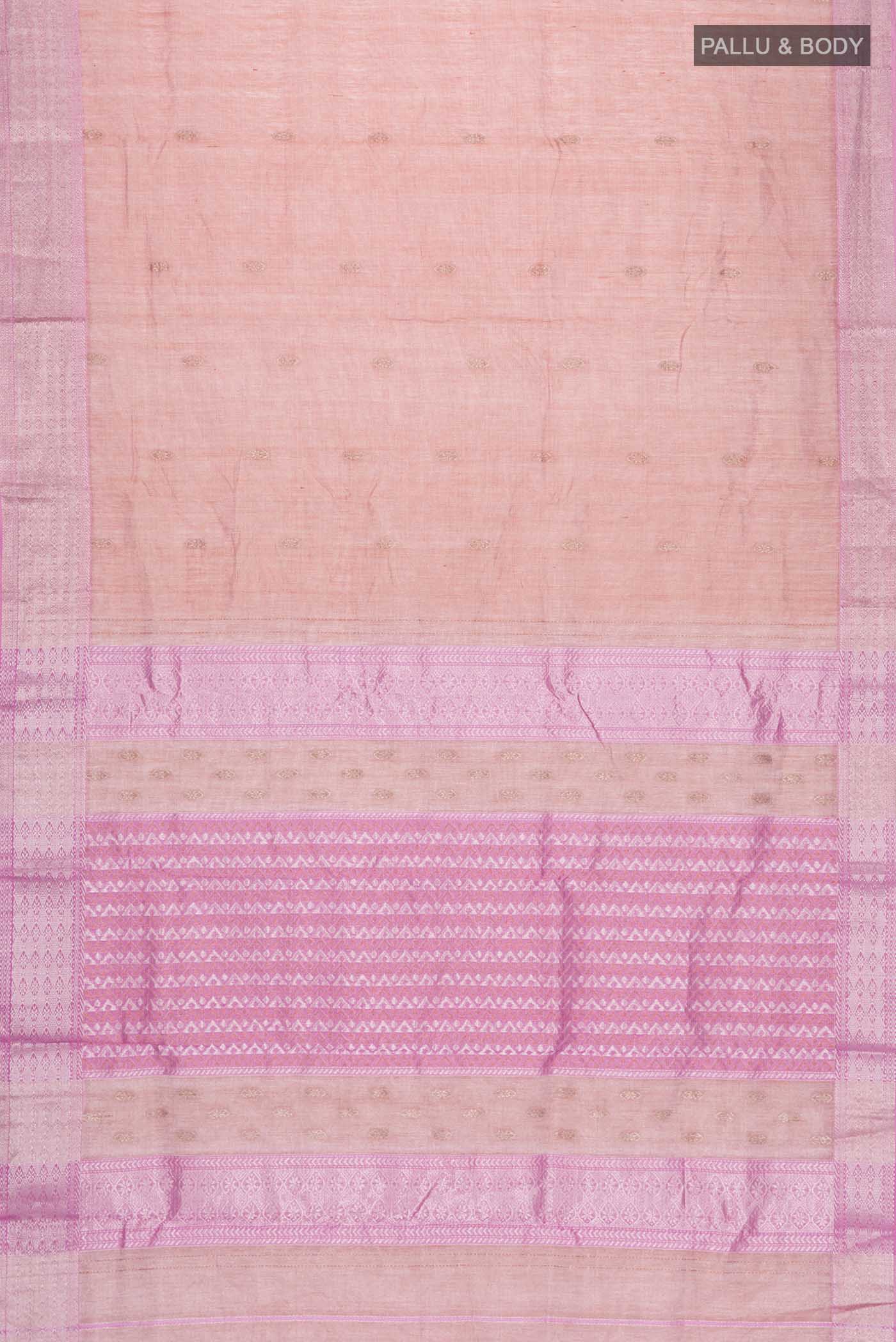 Flat view of Peach Maheshwari Silk Cotton Saree with Zari Butta on the body and Zari Border