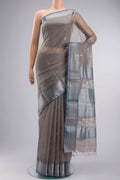 Grey Maheshwari Silk Cotton Saree with Zari Butta on the body and Zari Border displayed on a mannequin