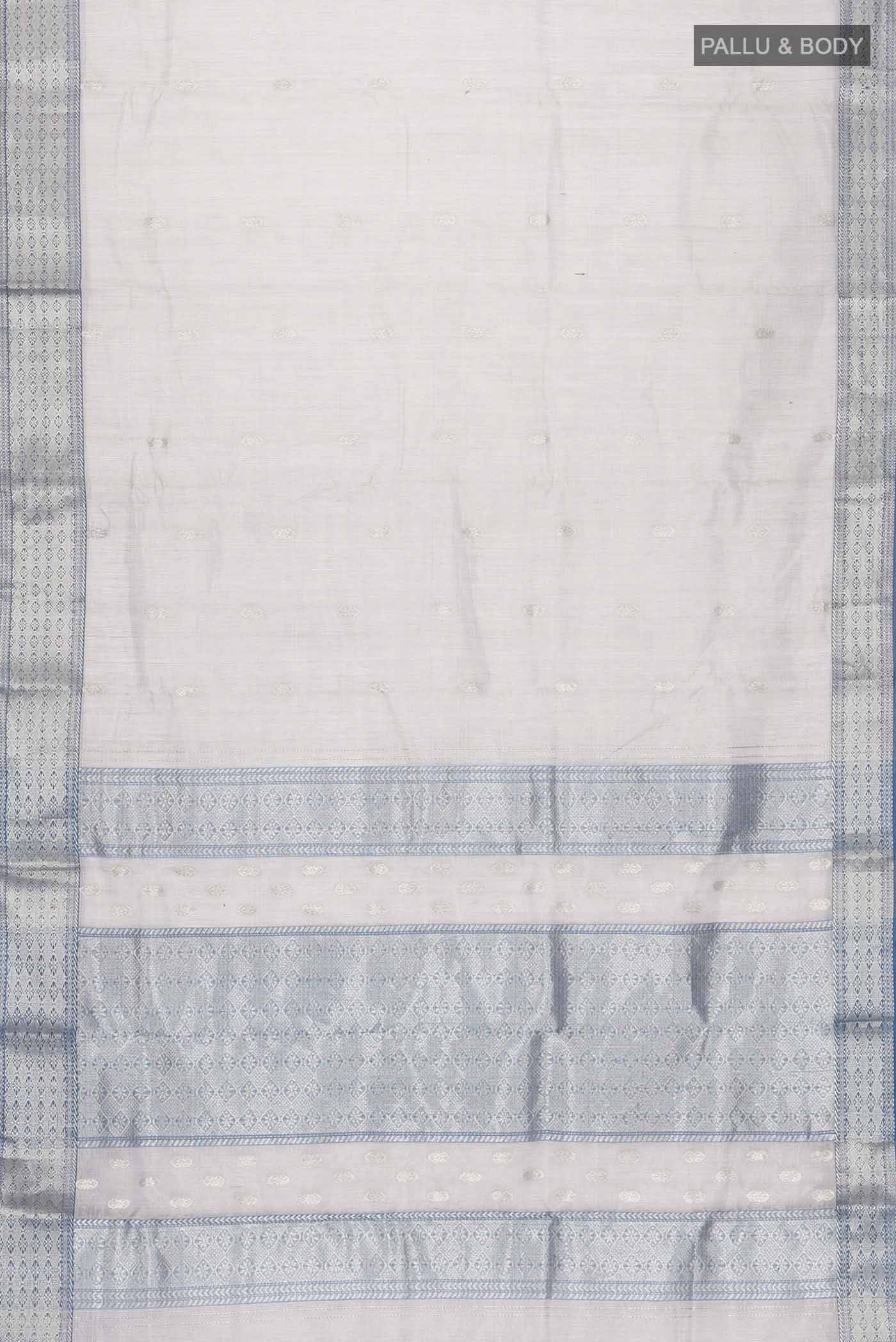 Flat view of Grey Maheshwari Silk Cotton Saree with Zari Butta on the body and Zari Border