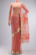 Coral Maheshwari Silk Cotton Saree with Zari Butta on the body and Zari Border displayed on a mannequin