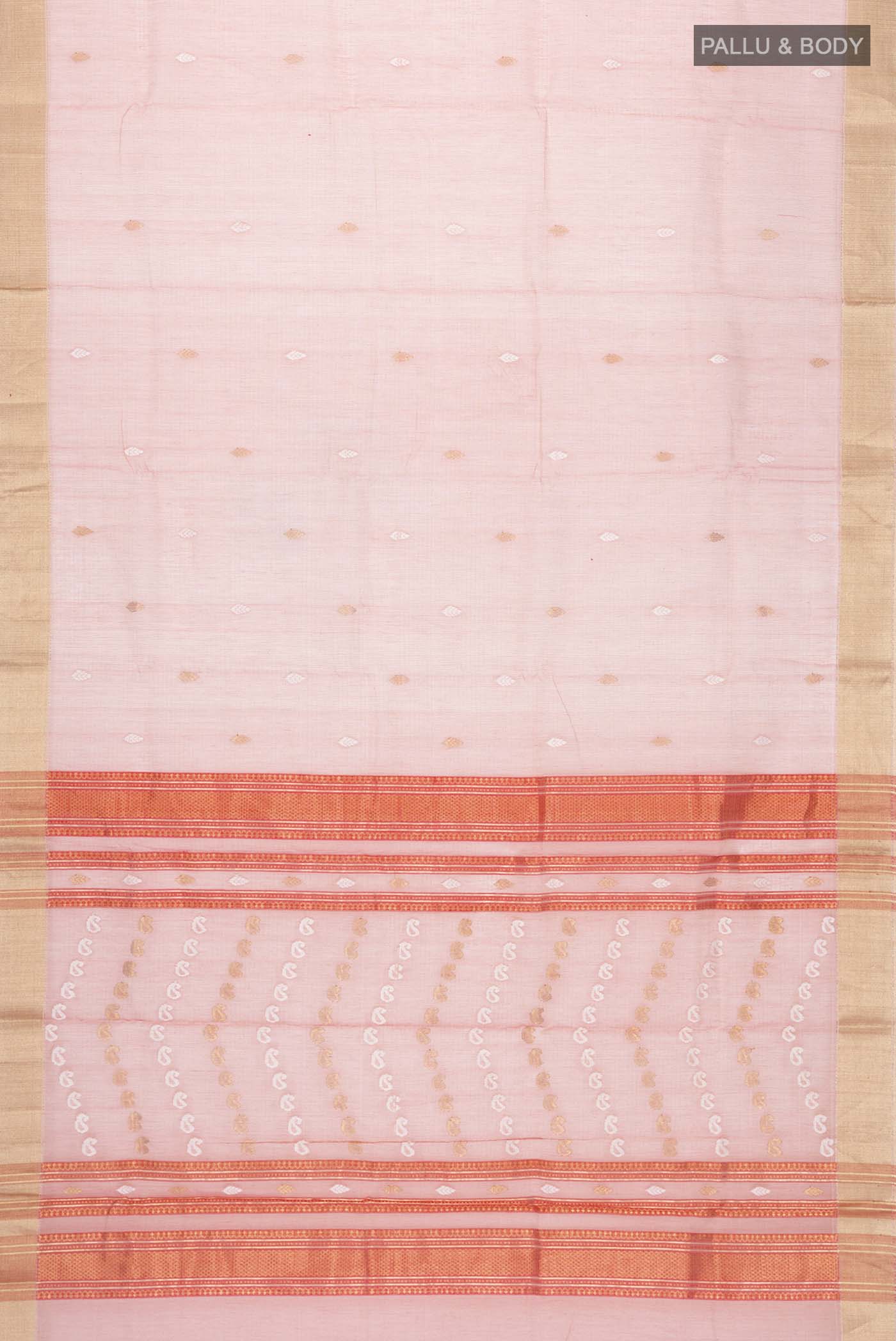 Flat view of Coral Maheshwari Silk Cotton Saree with Zari Butta on the body and Zari Border