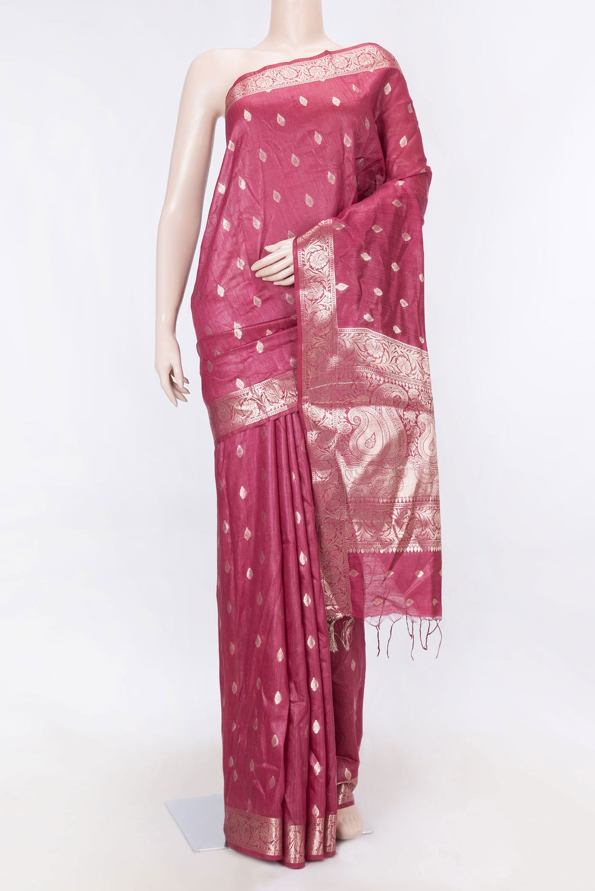 Maroon Dual Tone Tussar Saree with Zari Butta on the body and Zari Border displayed on a mannequin