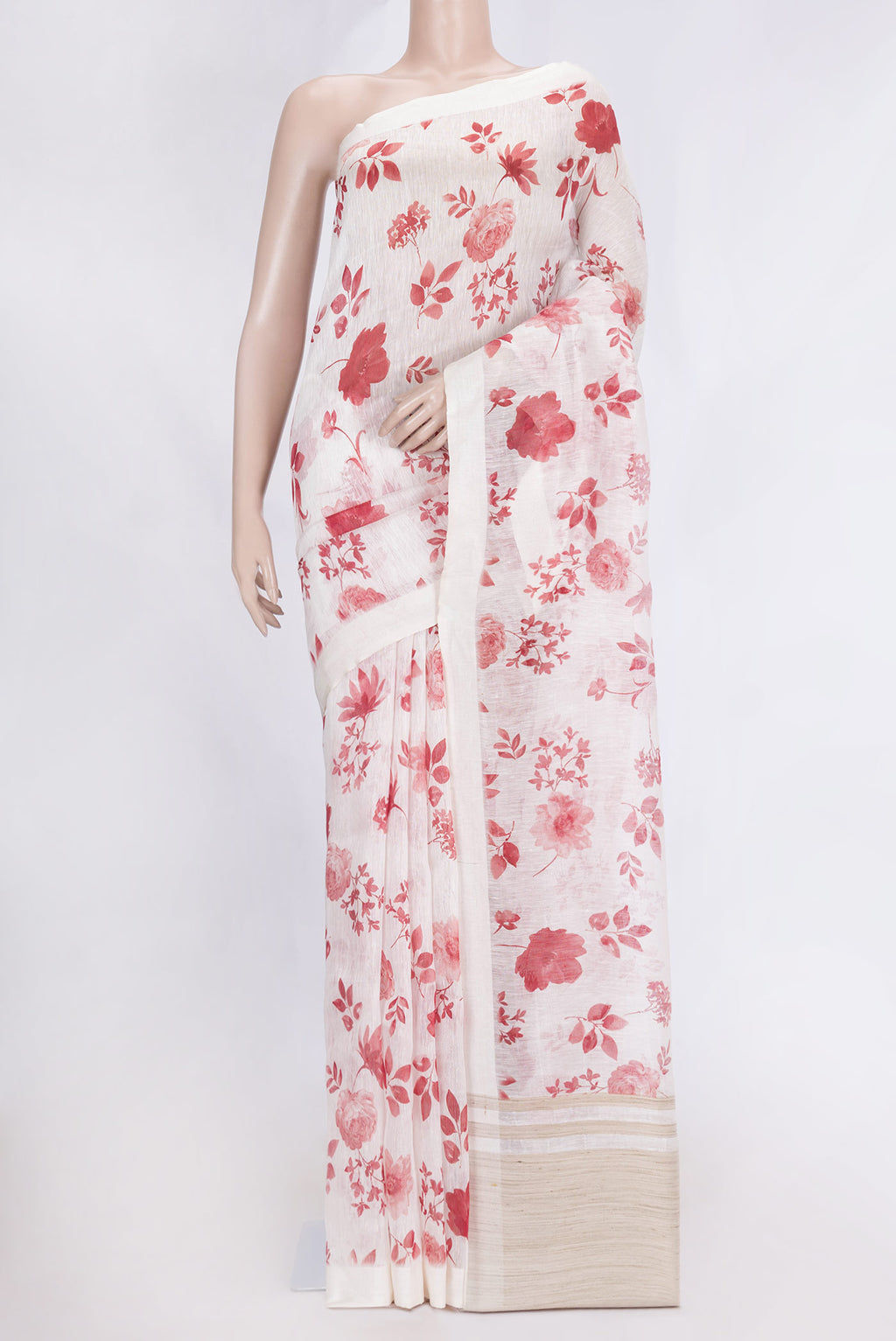 Off White Dual Tone Linen Saree with Printed design on the body and Plain Border.  displayed on a mannequin