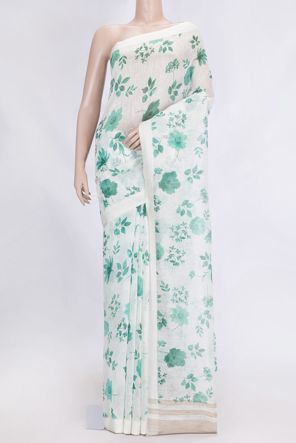 Off White Dual Tone Linen Saree with Printed design on the body and Plain Border.  displayed on a mannequin