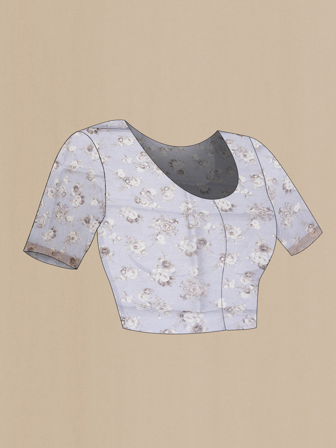 Close up image of the blouse of Lavender Dual Tone Linen Saree with Printed design on the body and Zari Border. 