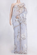 Lavender Dual Tone Linen Saree with Printed design on the body and Zari Border.  displayed on a mannequin