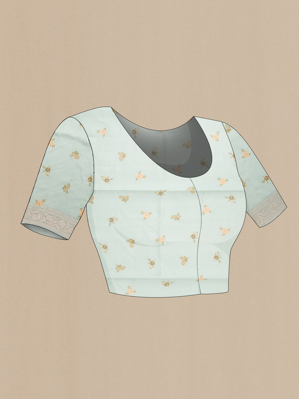 Close up image of the blouse of Light Blue Dual Tone Organza Silk Saree with Printed design on the body and Zari Border. 