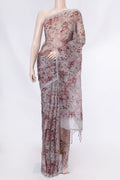 Grey Dual Tone Organza Silk Saree with Printed design on the body and Without Border displayed on a mannequin