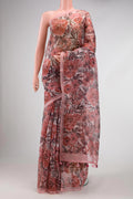 Pink Dual Tone Organza Silk Saree with Printed design on the body and Plain Border.  displayed on a mannequin