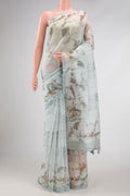 Grey Dual Tone Organza Silk Saree with Printed design on the body and Zari Border.  displayed on a mannequin