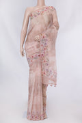 Golden Peach Dual Tone Organza Silk Saree with Printed design on the body and Printed Border displayed on a mannequin