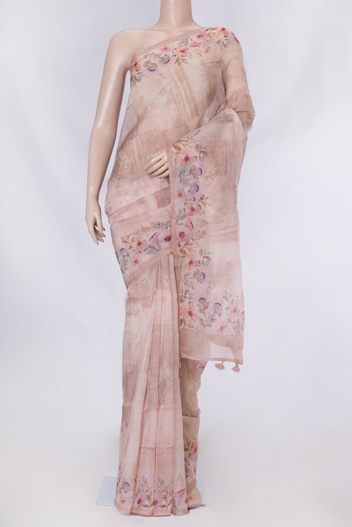 Golden Peach Dual Tone Organza Silk Saree with Printed design on the body and Printed Border displayed on a mannequin