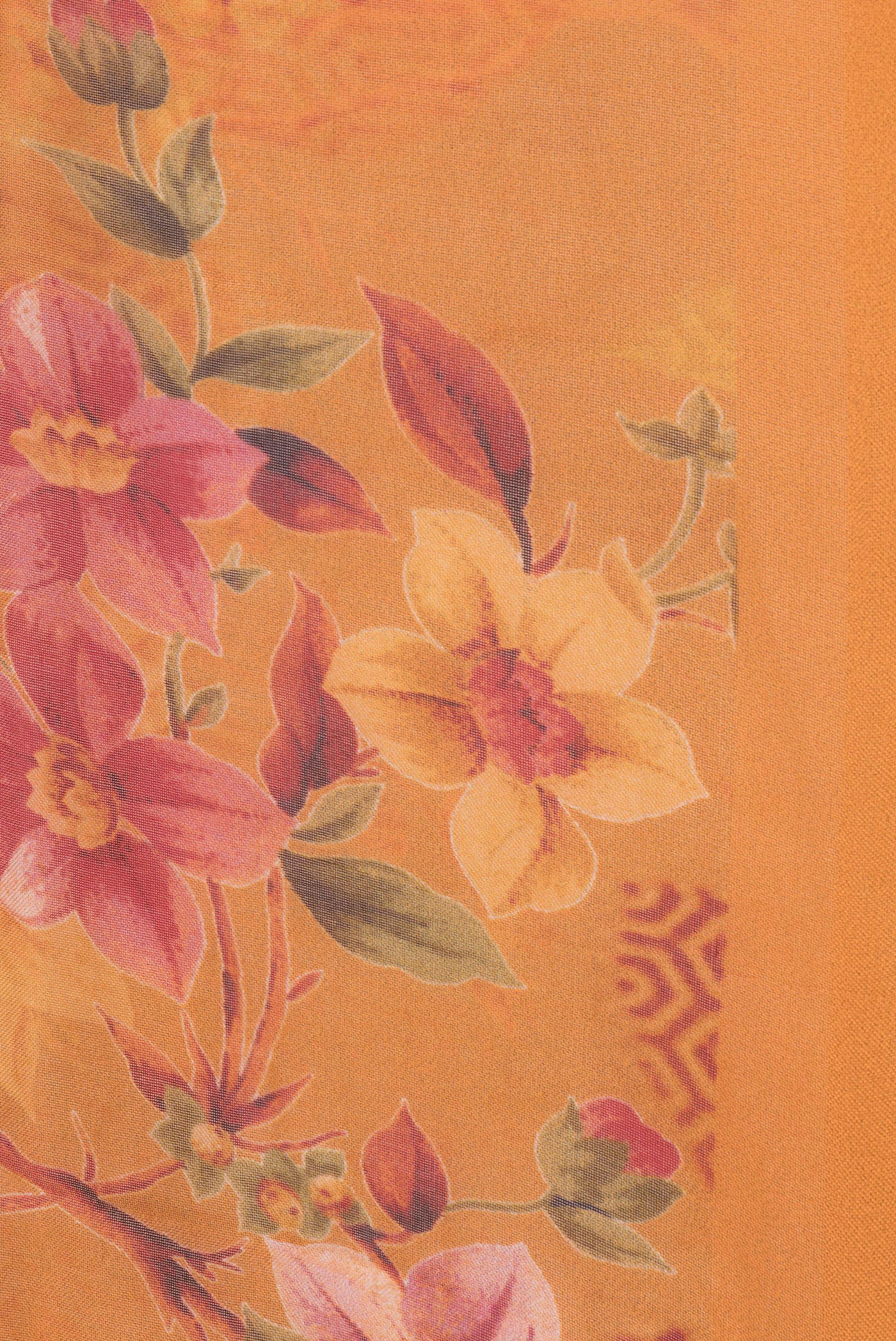 Border image of Orange Dual Tone Organza Silk Saree with Printed design on the body and Without Border. 