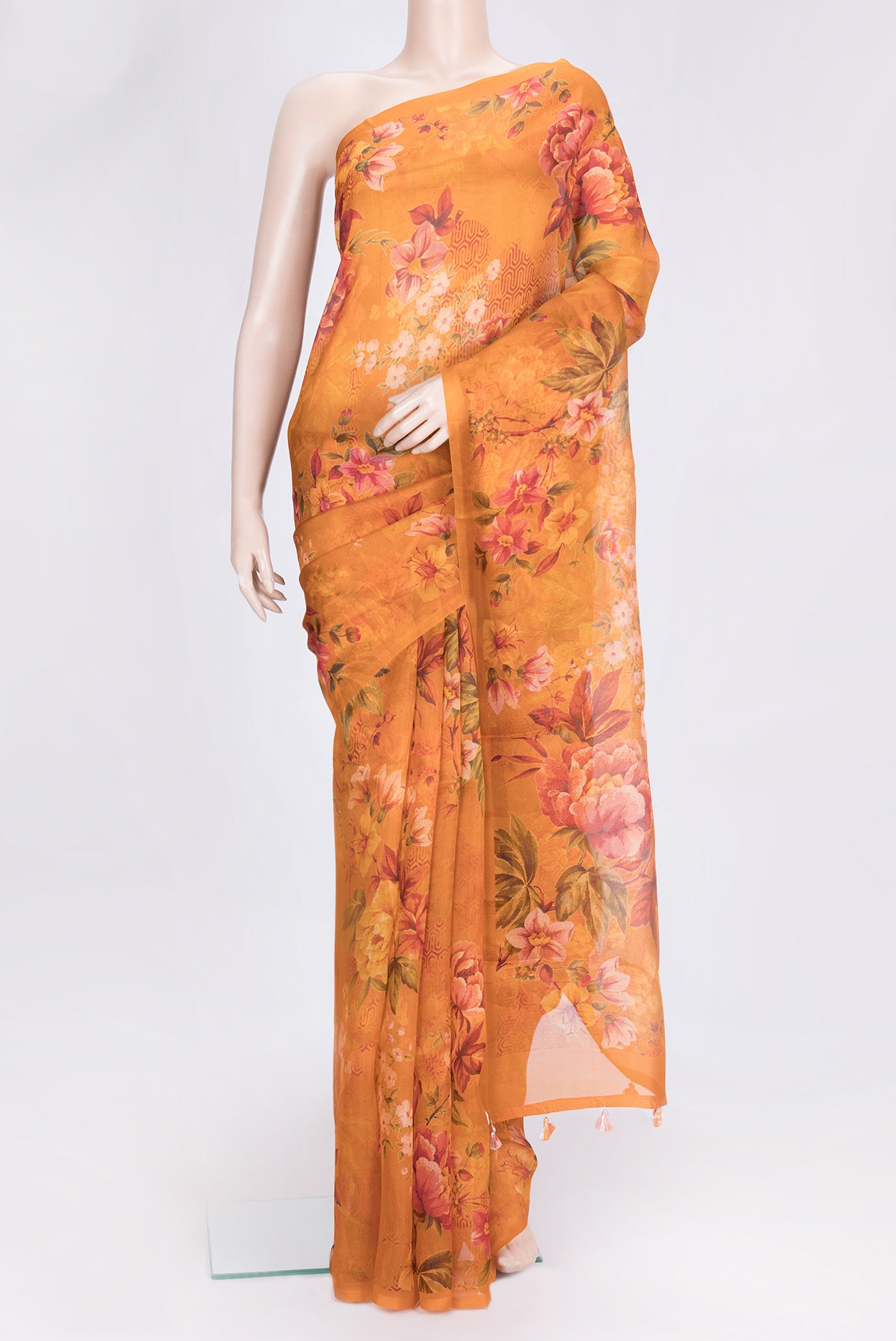 Orange Dual Tone Organza Silk Saree with Printed design on the body and Without Border.  displayed on a mannequin