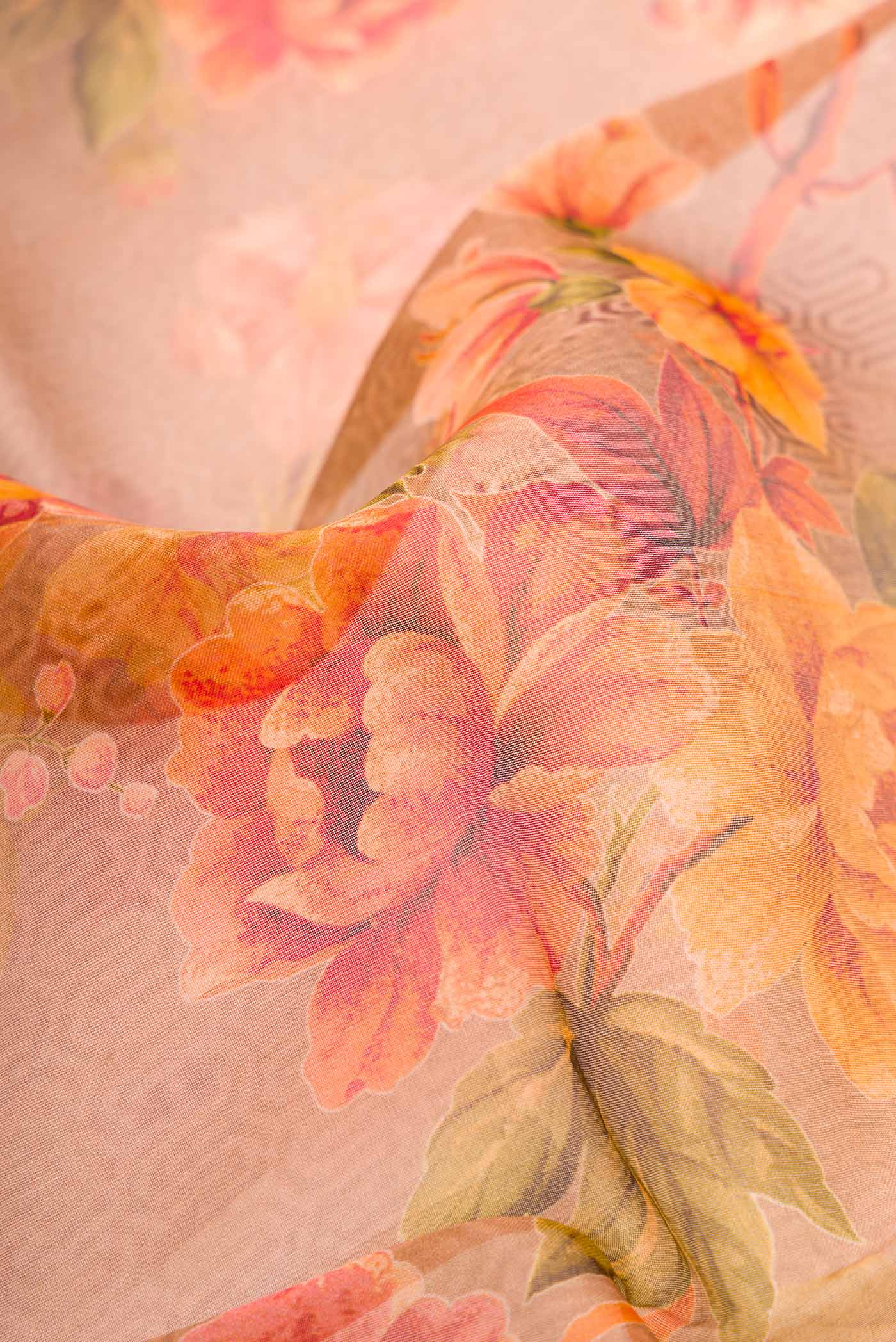 Close up of Brown Dual Tone Organza Silk Saree with Printed design on the body and Without Border.  displaying folds