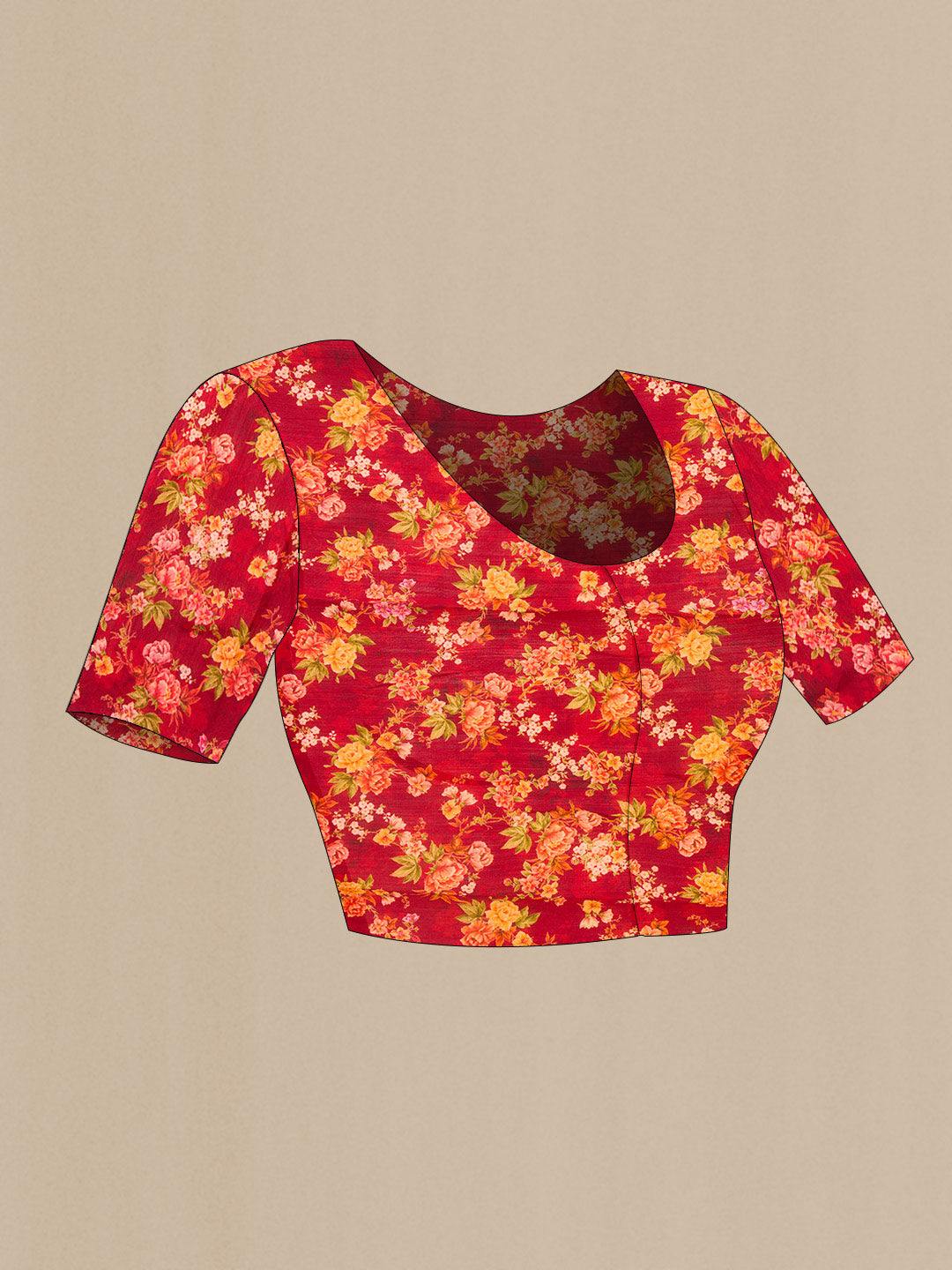 Close up image of the blouse of Maroon Dual Tone Organza Silk Saree with Printed design on the body and Without Border. 