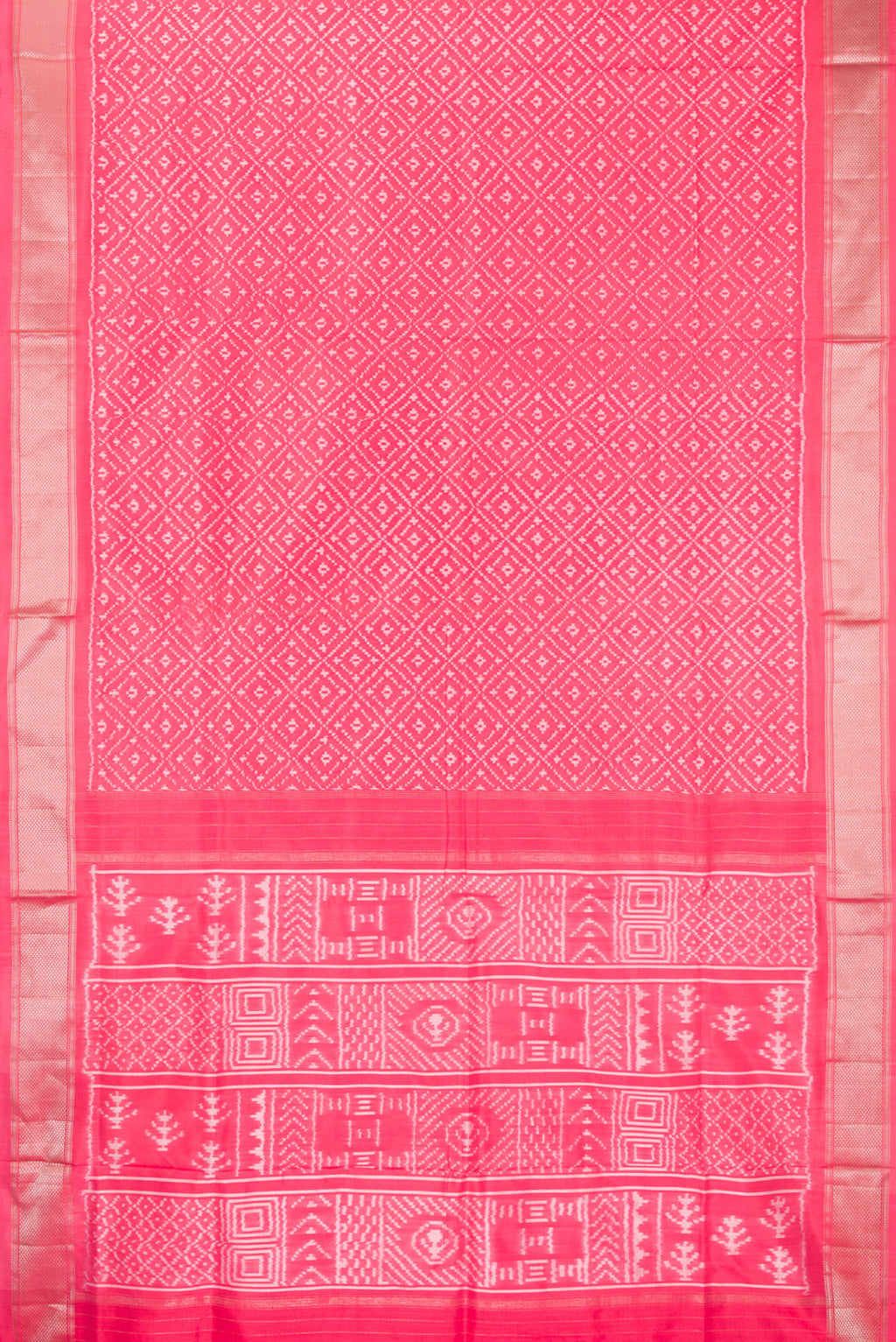 Flat view of Pure Silk Coral Dual Tone Pochampally Saree with Ikat design on the body and Zari Border. 