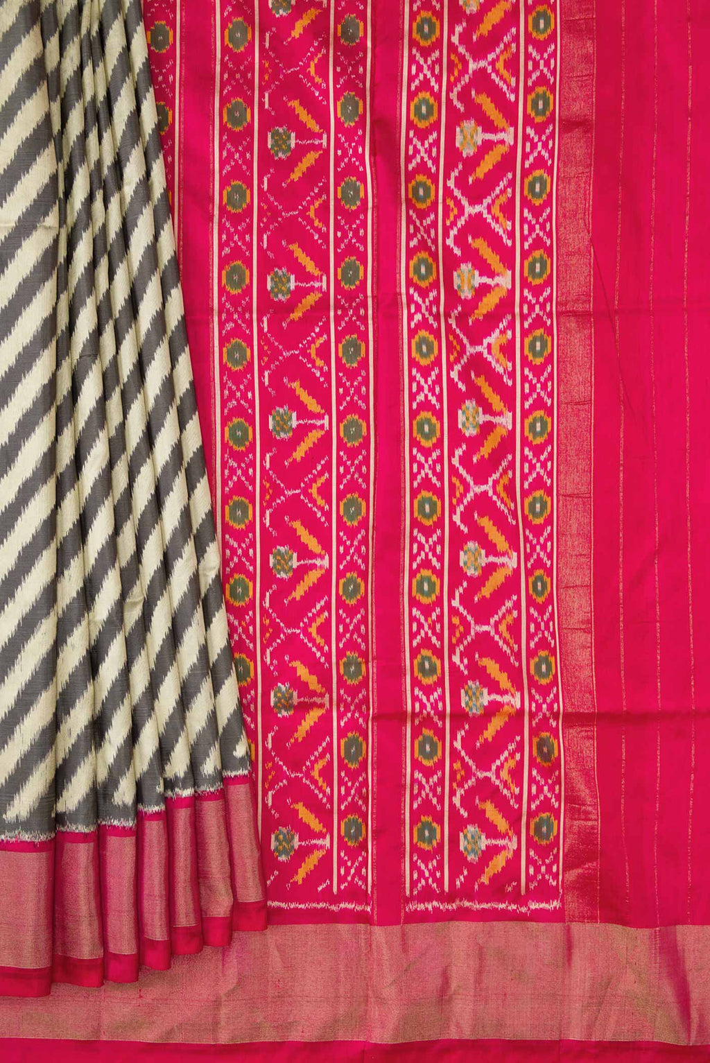 Pleats and pallu of Multi Color Pochampally Silk Saree with Pure Ikat on the body and Zari Border