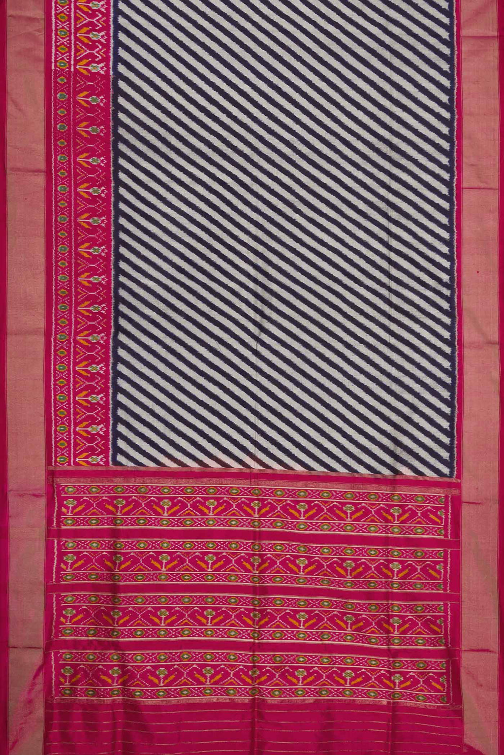 Flat view of Multi Color Pochampally Silk Saree with Pure Ikat on the body and Zari Border