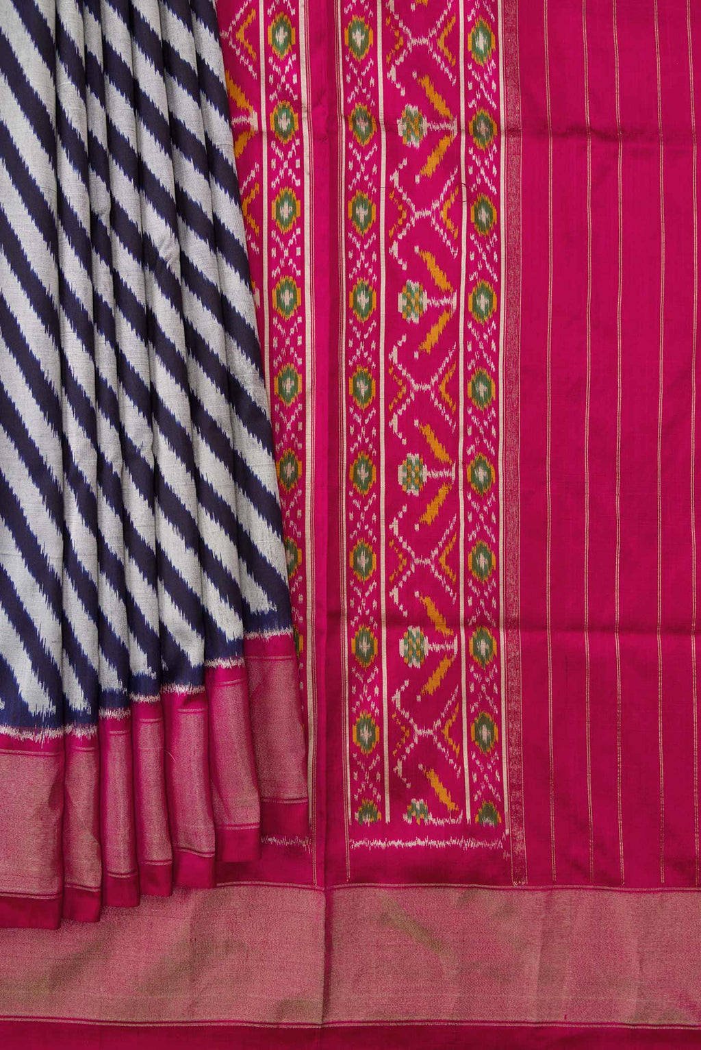 Pleats and pallu of Multi Color Pochampally Silk Saree with Pure Ikat on the body and Zari Border