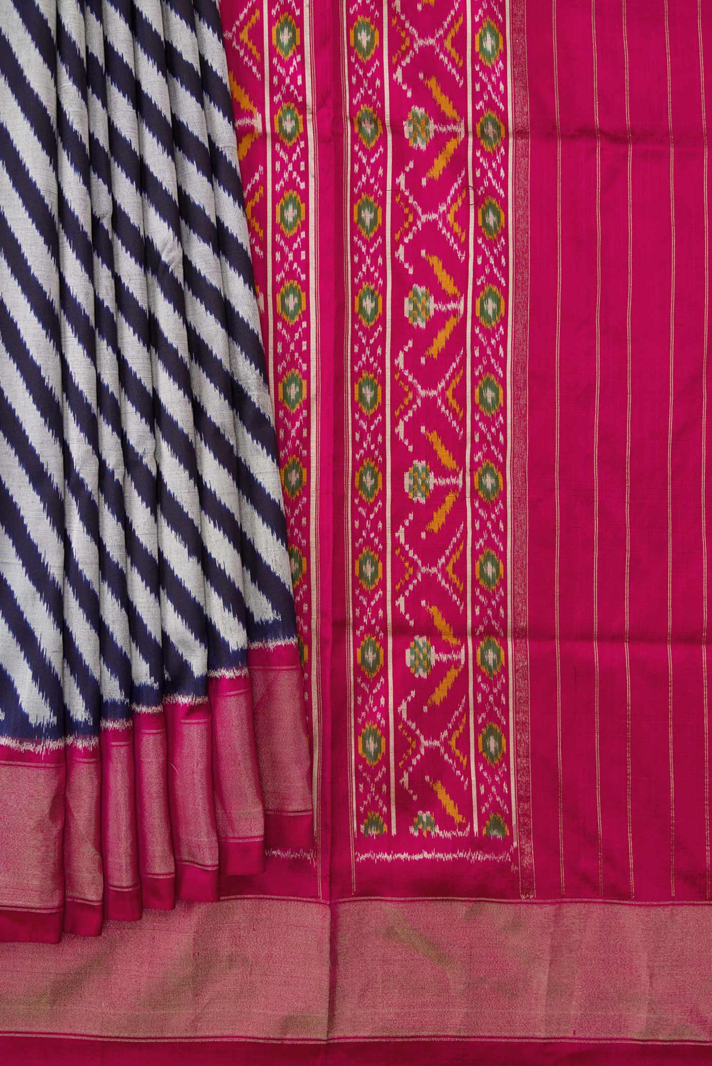Pleats and pallu of Multi Color Pochampally Silk Saree with Pure Ikat on the body and Zari Border