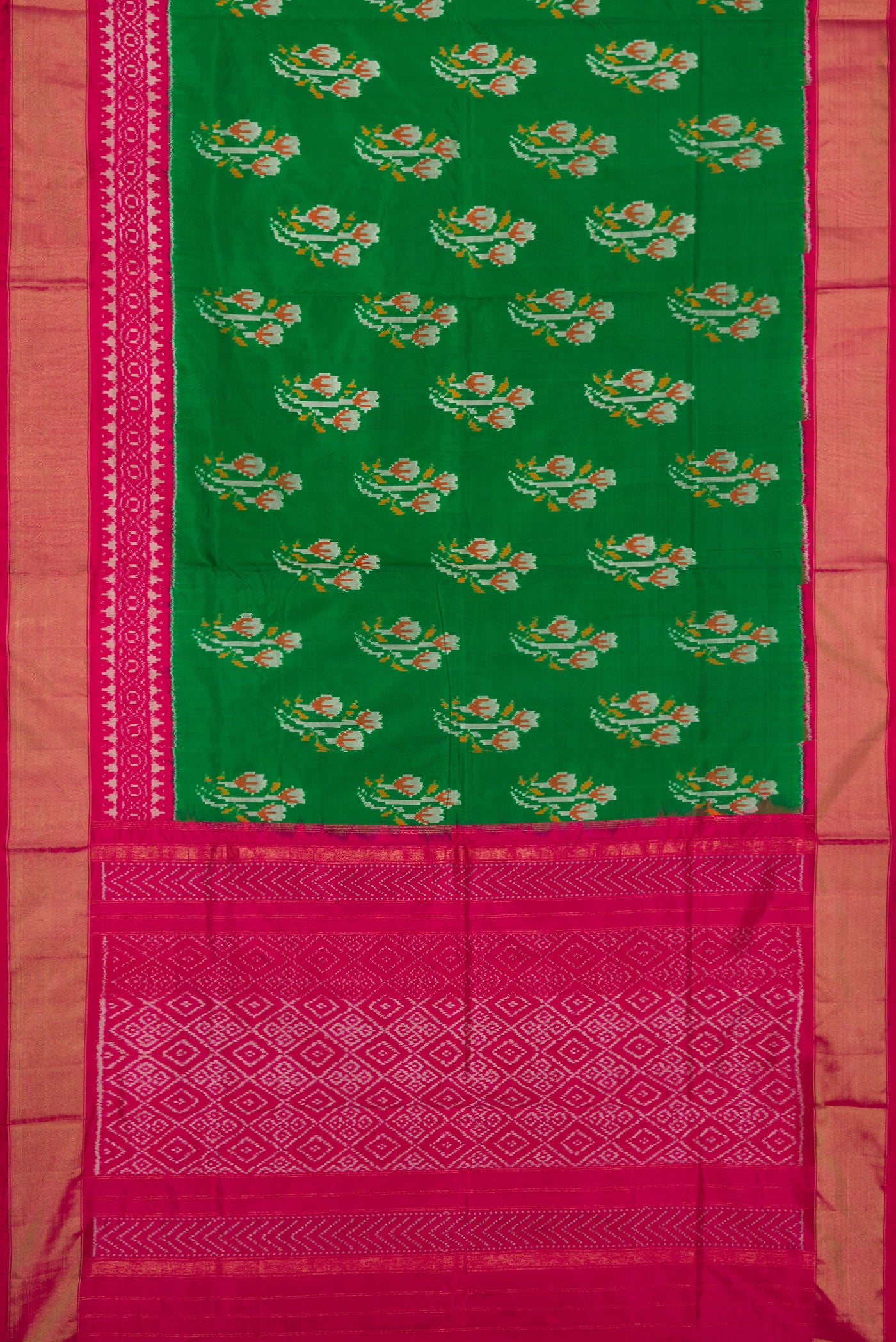 Flat view of Green Dual Tone Double Ikat Saree with Ikat Print on the body and Ikat Border. 