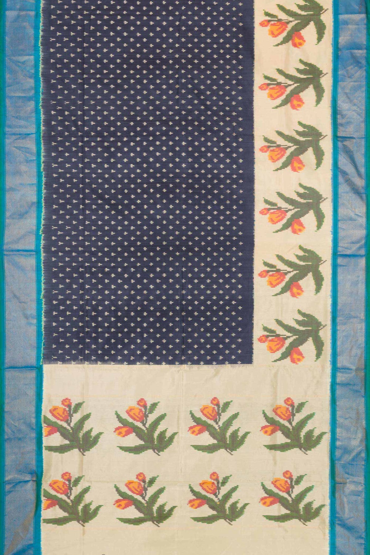 Flat view of Navy Blue Dual Tone Double Ikat Saree with Ikat Print on the body and Zari Border. 