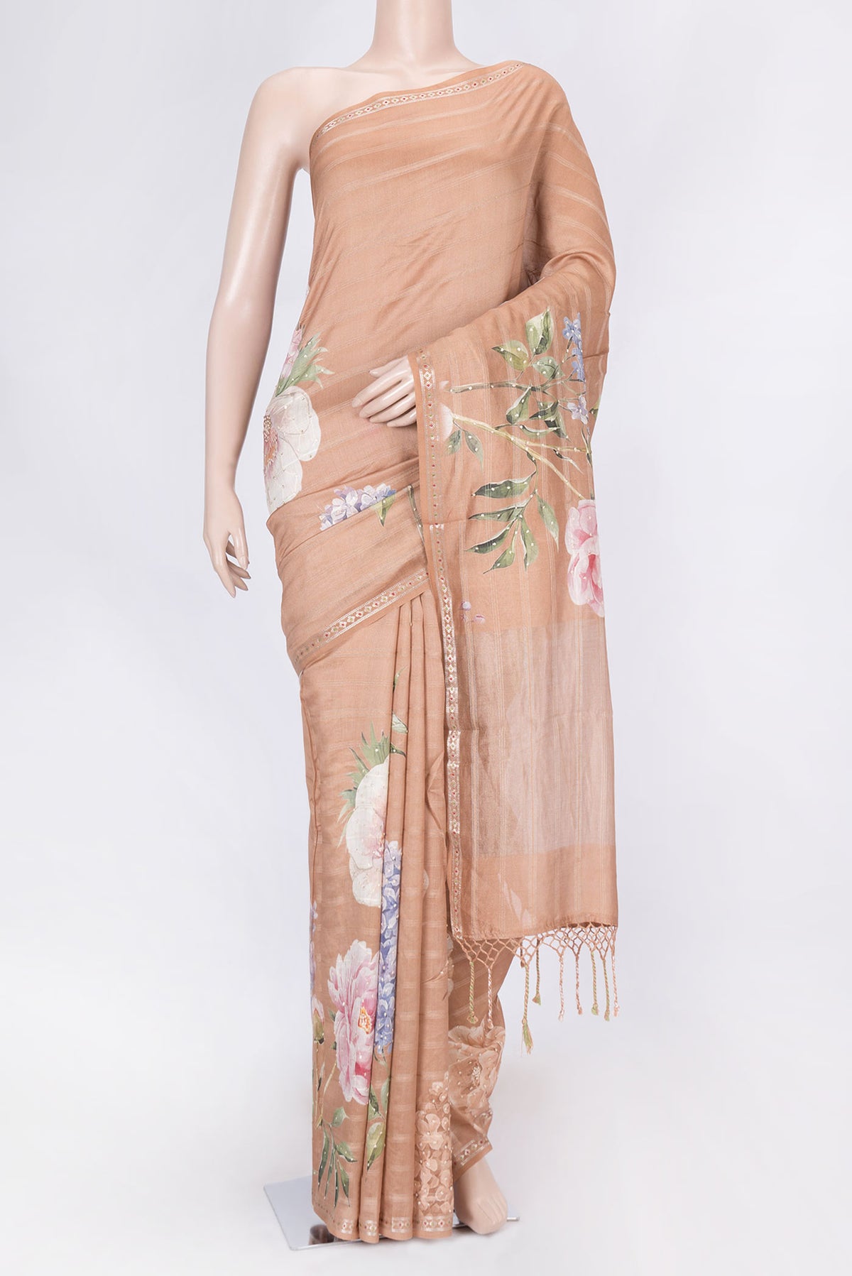Brown Dual Tone Tussar Silk Saree with Embroidery on the body and Zari Border displayed on a mannequin