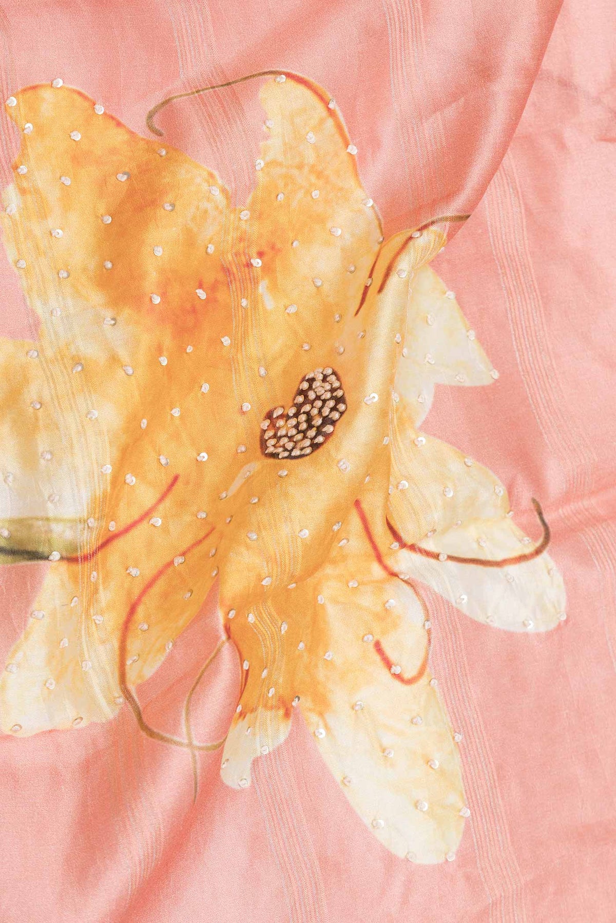Close up of Peach Dual Tone Tussar Silk Saree with Embroidery on the body and Zari Border displaying folds