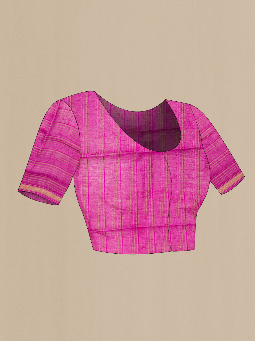 Close up image of the blouse of Navy Blue Dual Tone Tussar Silk Saree with Printed design on the body and Zari Border. 