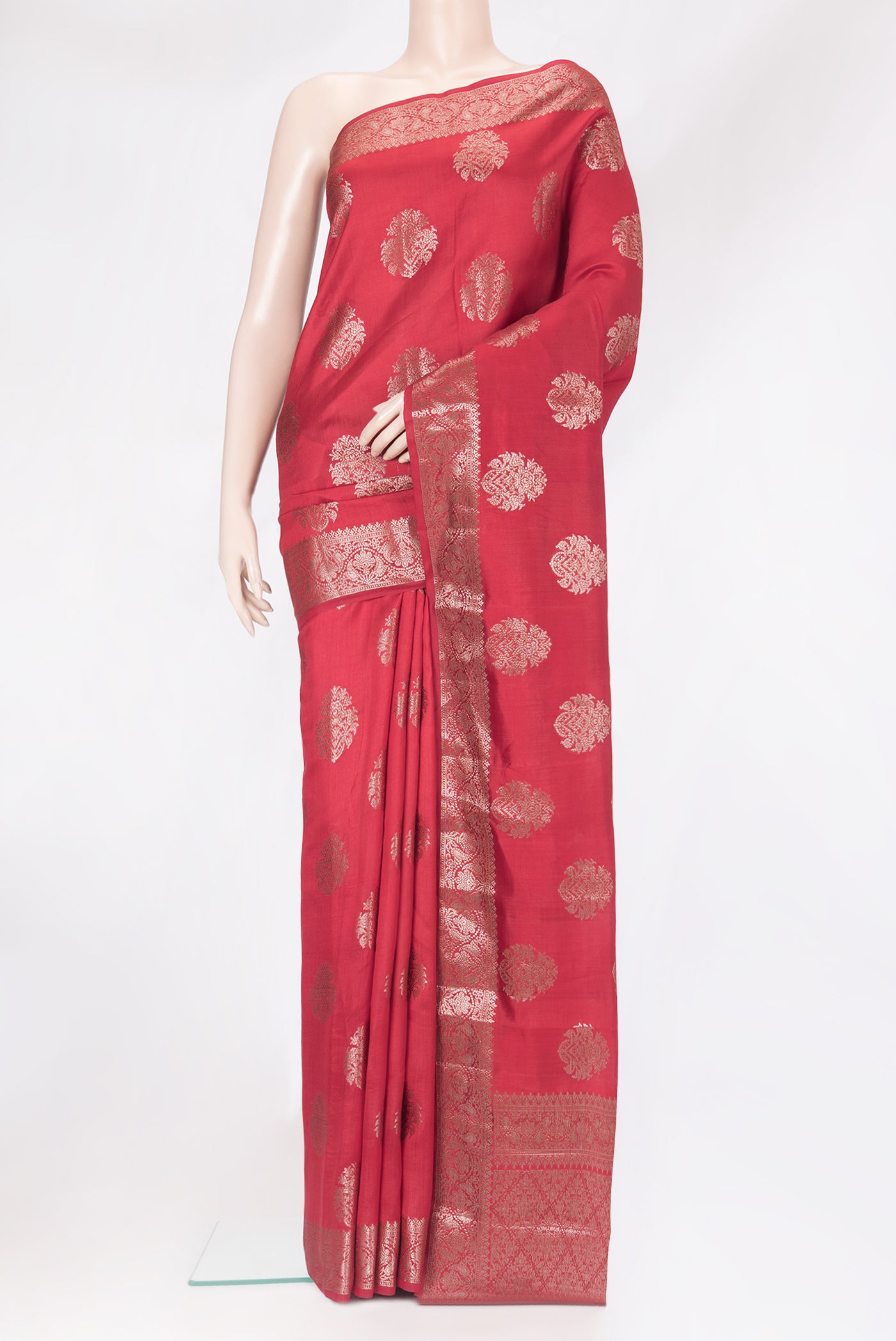 Maroon Dual Tone Tussar Silk Saree with Zari Butta on the body and Zari Border.  displayed on a mannequin