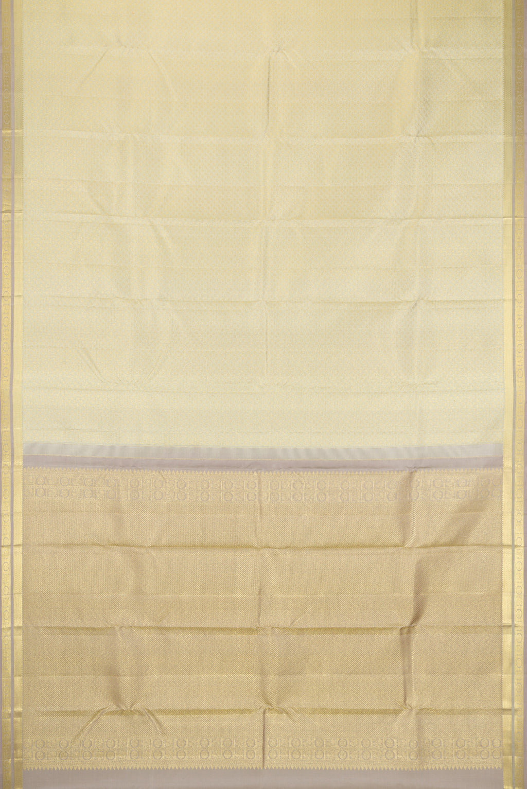 Flat view of Cream Kanjivaram Silk Saree with Zari Brocade on the body and Zari Border. 