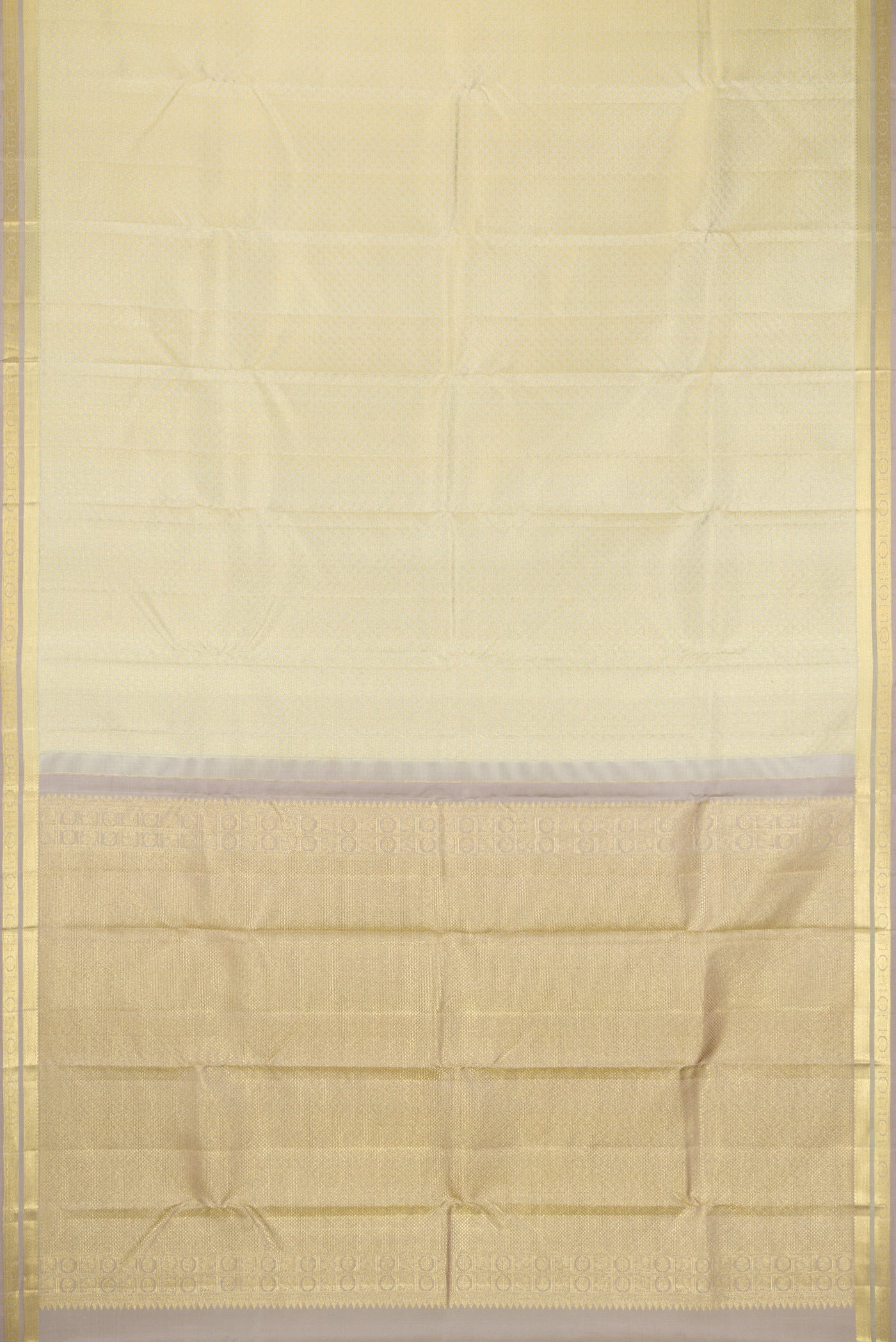 Flat view of Cream Kanjivaram Silk Saree with Zari Brocade on the body and Zari Border. 