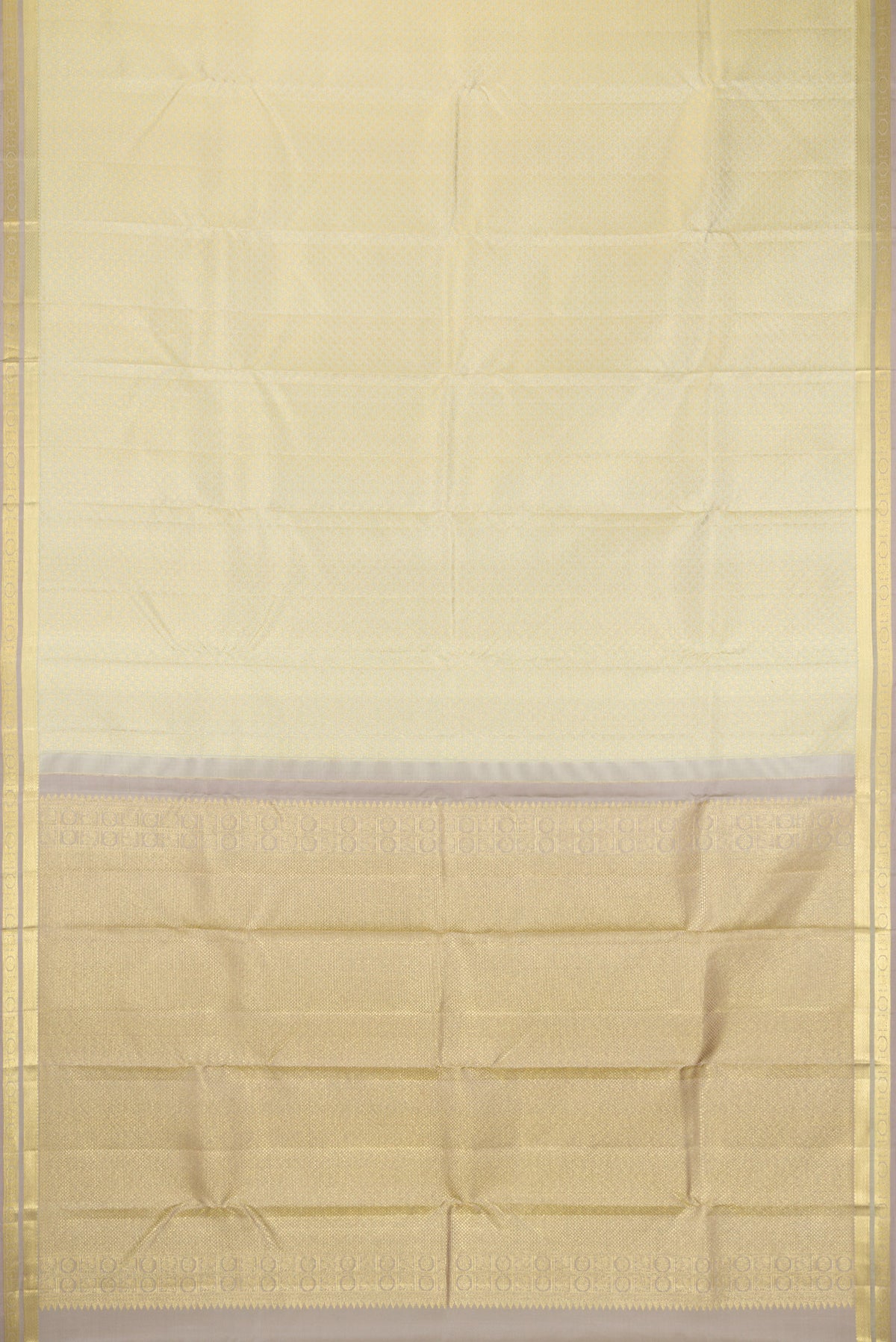 Flat view of Cream Kanjivaram Silk Saree with Zari Brocade on the body and Zari Border. 