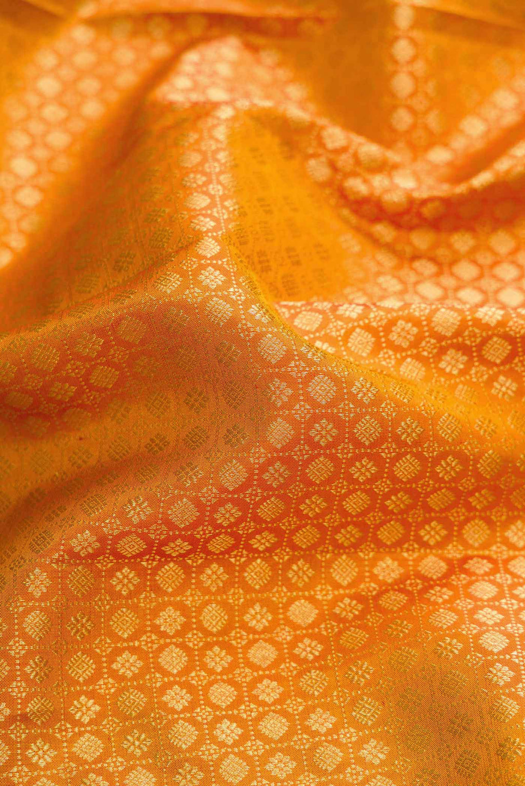 Close up of Mustard Dual Tone Kanchipuram Silk Saree with Zari Brocade on the body and Zari Border displaying folds