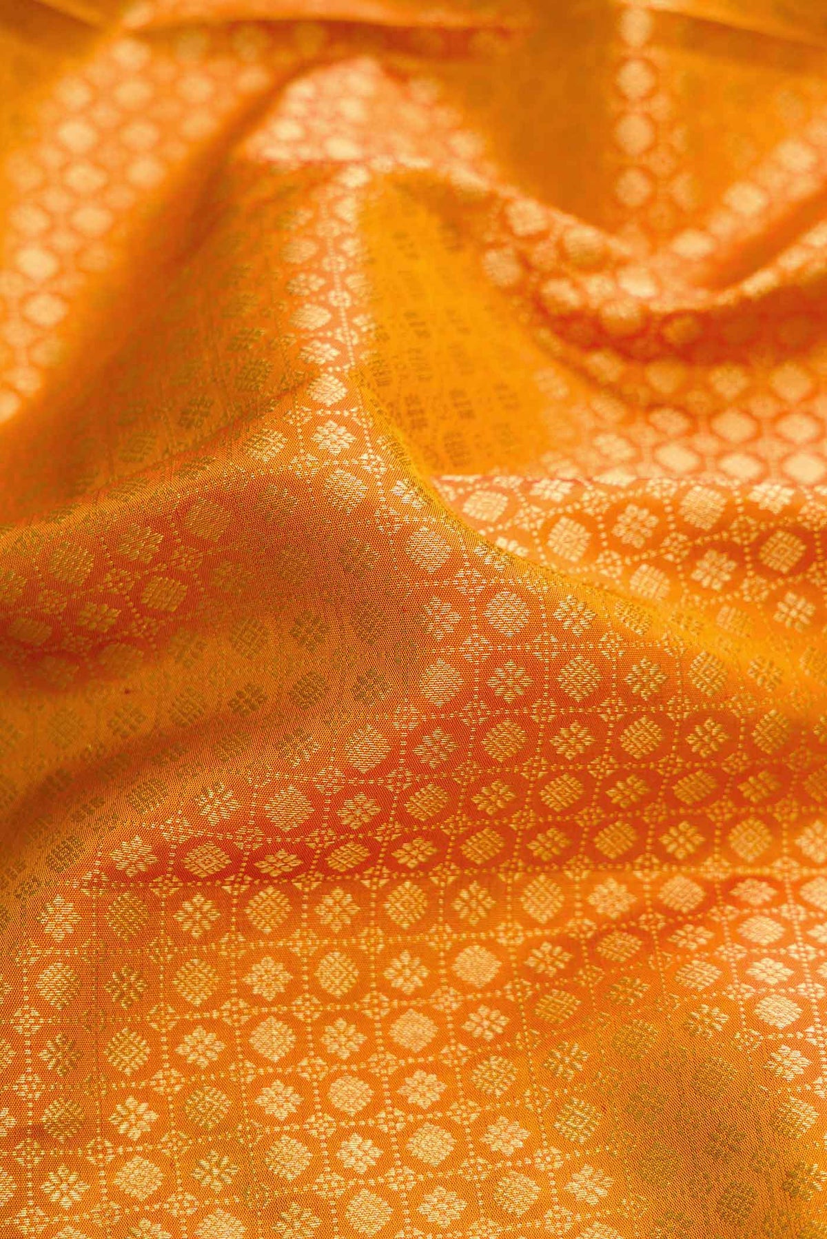 Close up of Mustard Dual Tone Kanchipuram Silk Saree with Zari Brocade on the body and Zari Border displaying folds