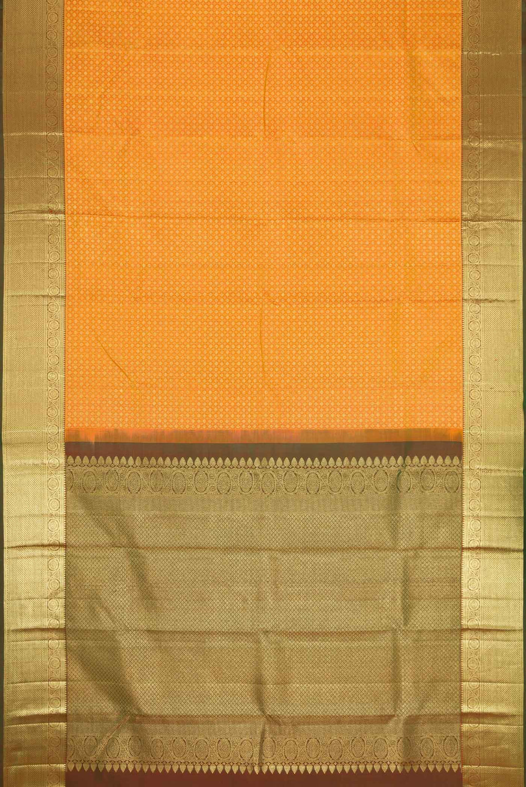 Flat view of Mustard Dual Tone Kanchipuram Silk Saree with Zari Brocade on the body and Zari Border