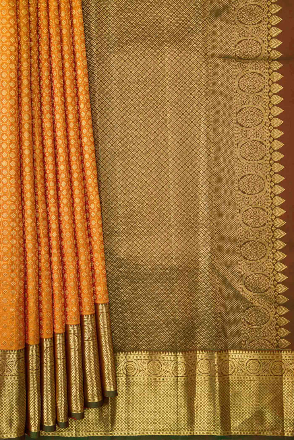 Pleats and pallu of Mustard Dual Tone Kanchipuram Silk Saree with Zari Brocade on the body and Zari Border