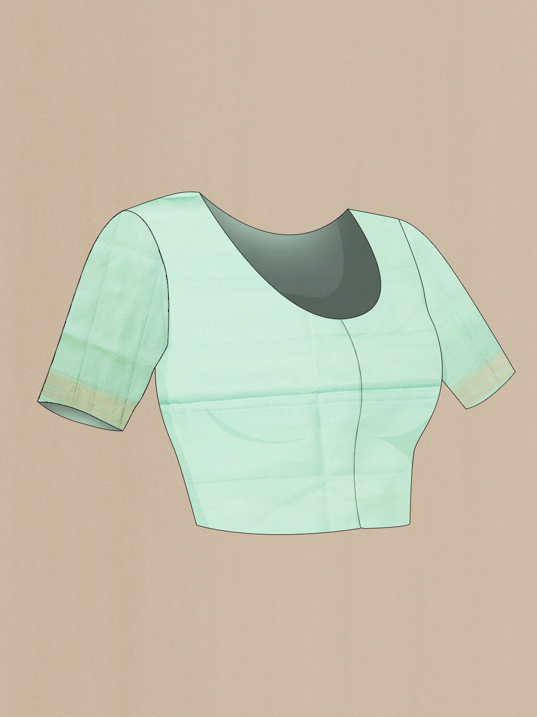 Close up image of the blouse of Pista Green Dual Tone Soft Silk Saree with Zari Butta on the body and Zari Border. 