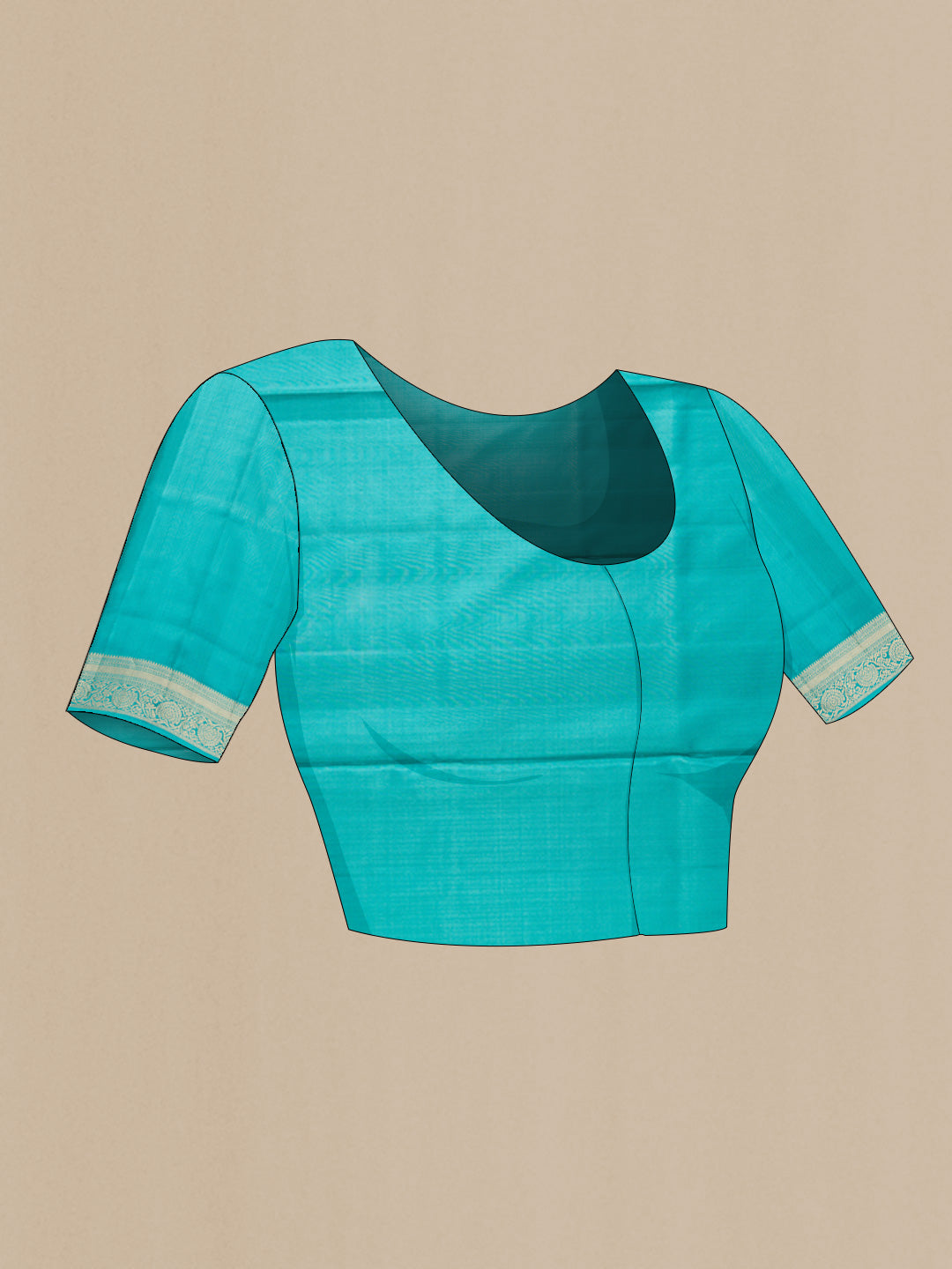 Close up image of the blouse of Sky Blue Dual Tone Soft Silk Saree with Zari Butta on the body and Zari Border. 