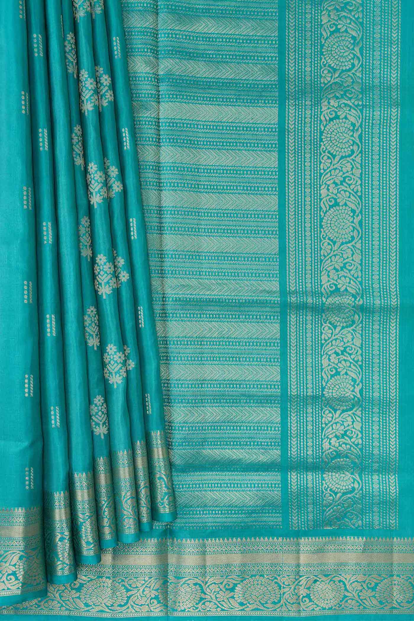 Pleats and pallu of Sky Blue Dual Tone Soft Silk Saree with Zari Butta on the body and Zari Border. 