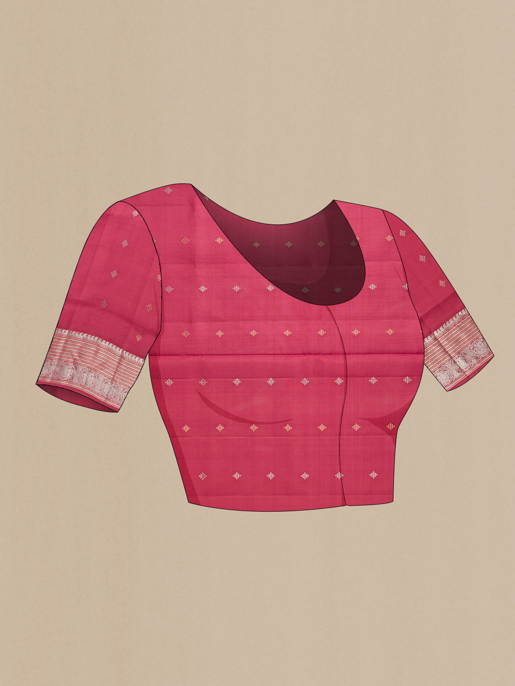 Close up image of the blouse of Maroon Dual Tone Soft Silk Saree with Zari Butta on the body and Zari Border. 