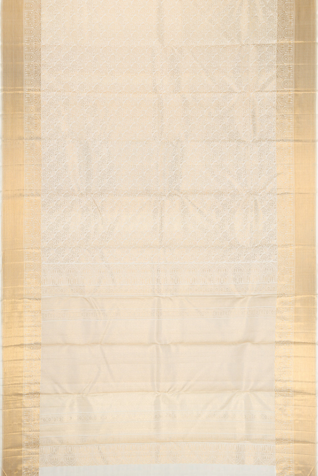 Flat view of Off White Dual Tone Kanchipuram Silk Saree with Zari Brocade on the body and Zari Border. 