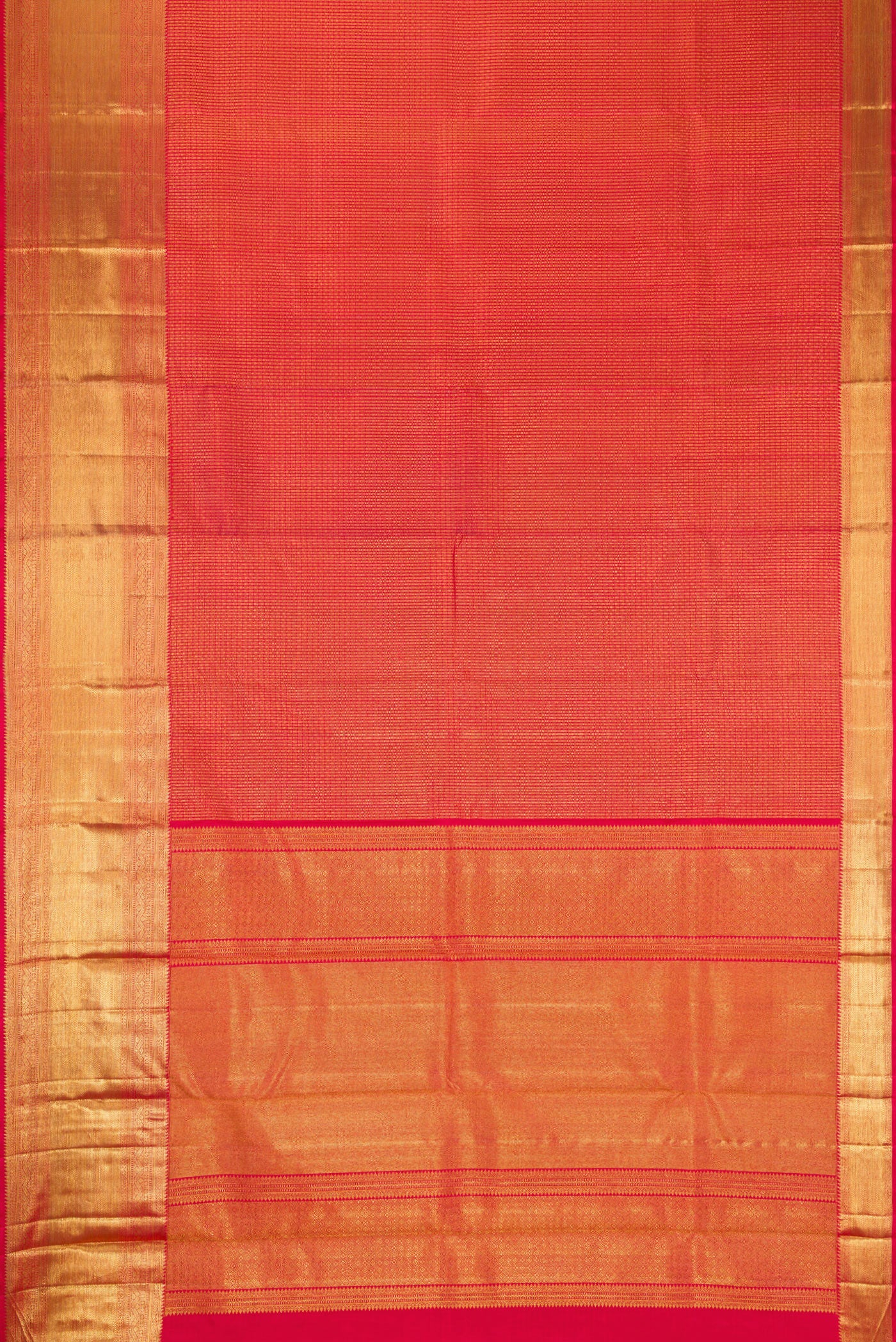 Flat view of Red Dual Tone Kanchipuram Silk Saree with Zari Brocade on the body and Zari Border. 