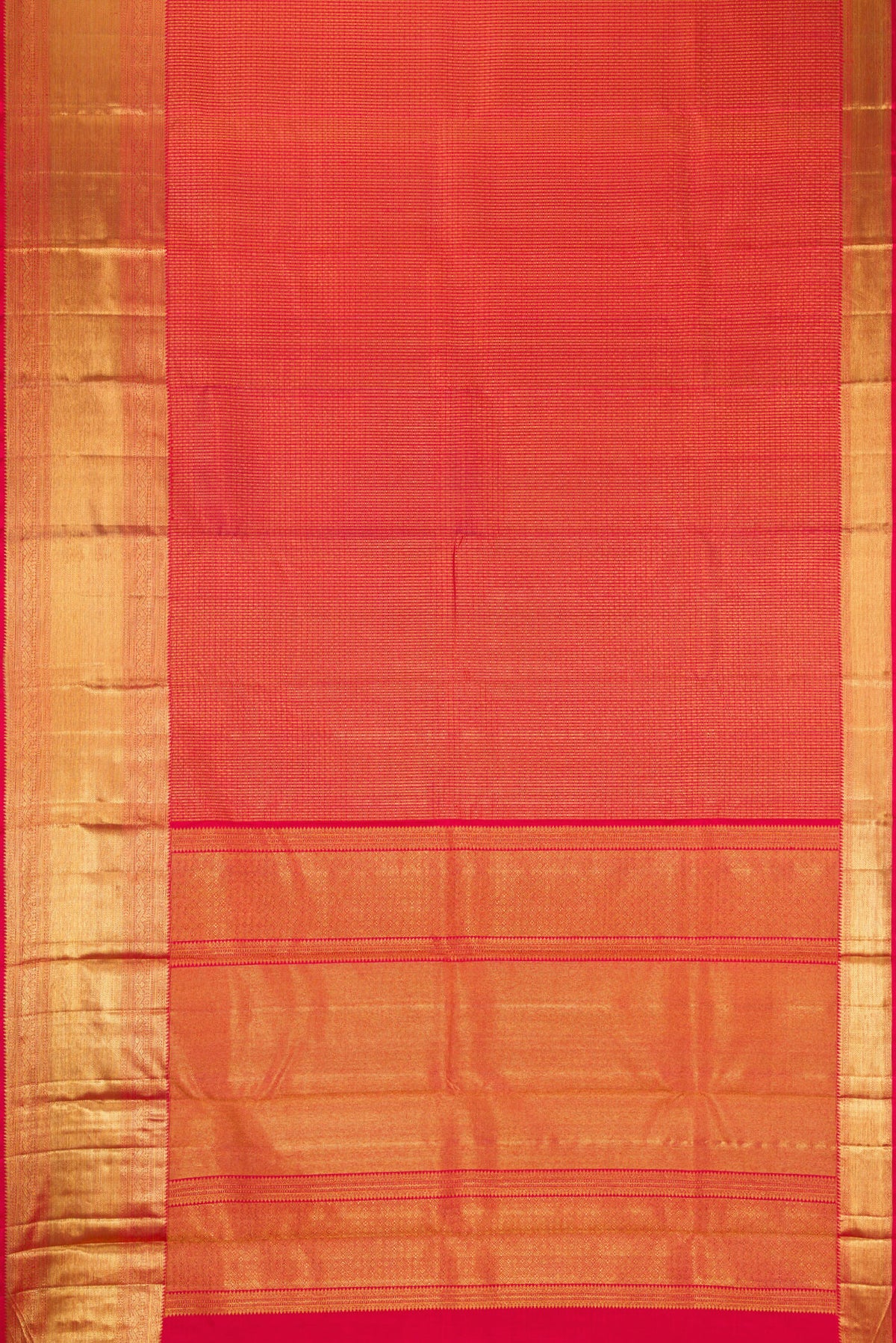 Flat view of Red Dual Tone Kanchipuram Silk Saree with Zari Brocade on the body and Zari Border. 